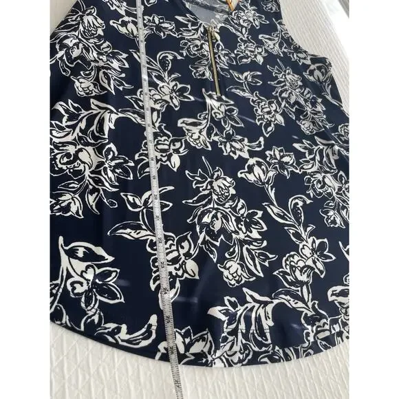 NWT Ann Klein Blouse Top Small Navy White Floral Stretch Office Career Business - Picture 4 of 6